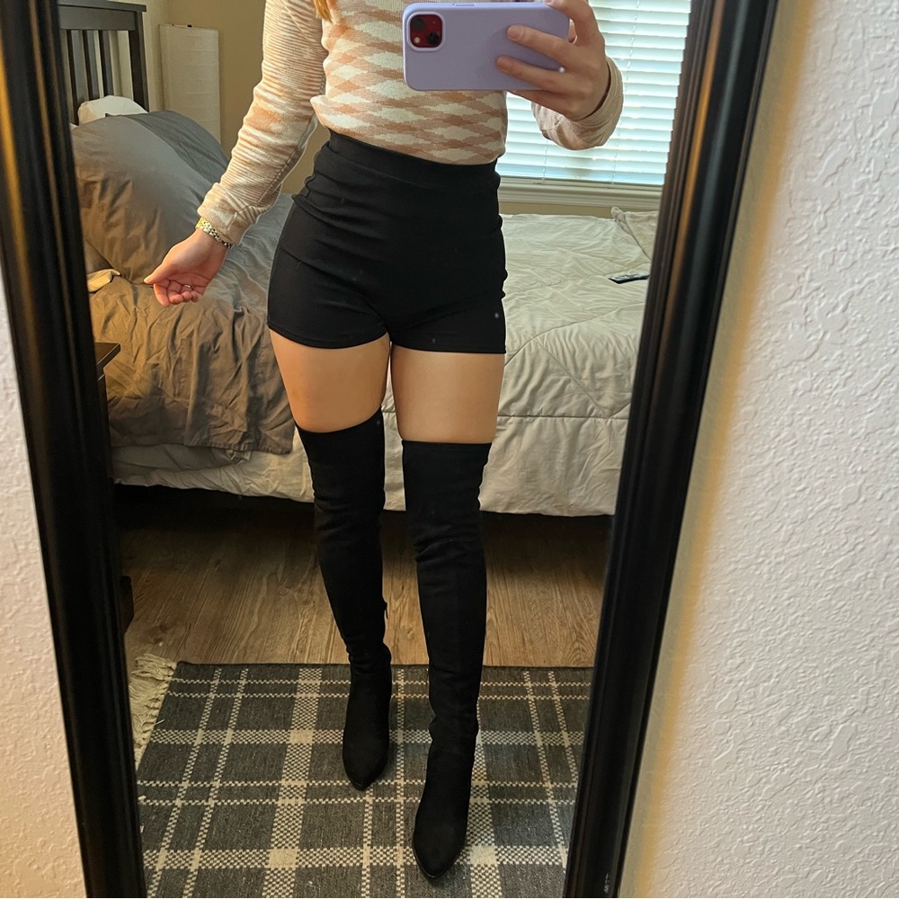 Black suede thigh high boots